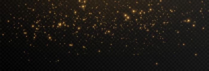 Golden magic dust png. Light effect. Magic glow. Spraying glowing particles png. Christmas glowing background.