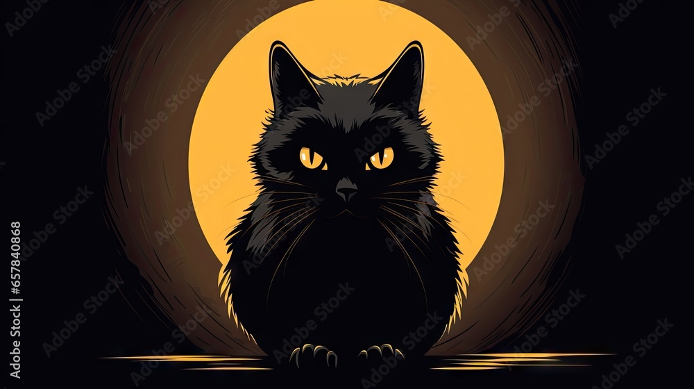 Poster a black cat sitting in front of a full moon with yellow eyes. generative ai