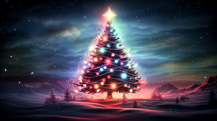 A Christmas tree glows brightly with colorful lights in the background.