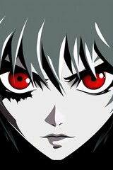 Manga. The face of a cartoon character with red eyes. Anime, Japanese style