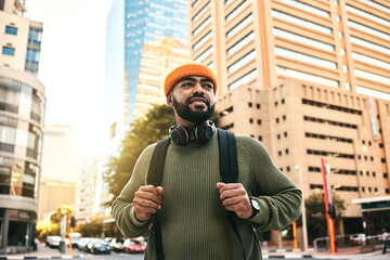 City, thinking and man with ideas, travel and vision with solution, planning and gen z with...