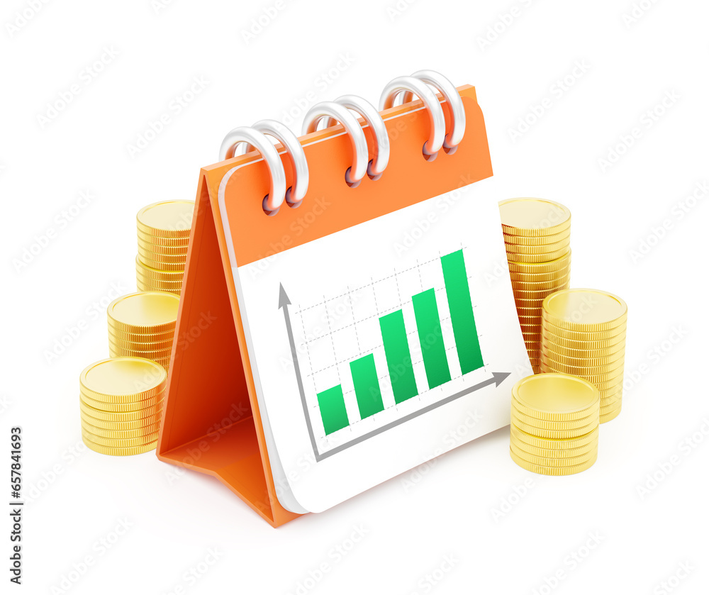 Fototapete savings growth scheduling. a desk calendar with a printed graphics on a face page is in surrounding 