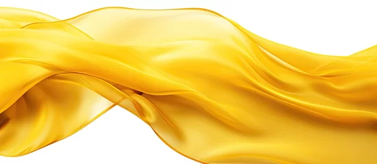 Poster Yellow transparent fabric flying on white background with a smooth texture © AkuAku