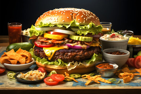 A burger that represents its unique flavors: Illustration for banner, food menu background, poster, brochure, cover photo, advertising, marketing or presentation, brochure. 