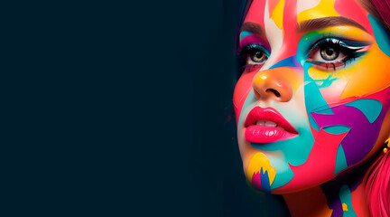 mujer con pintura de diferentes colores en la cara, generado con IA - obrazy, fototapety, plakaty