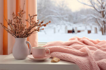 Cozy winter scene with peachy pink accents, showcasing a warm cup of cocoa and a soft blanket