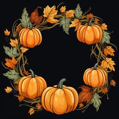 Many Pumpkins with leaves in a round isolated on black background