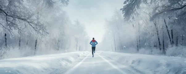 Fotobehang Runner jogging on a scenic snow-covered trail © thejokercze