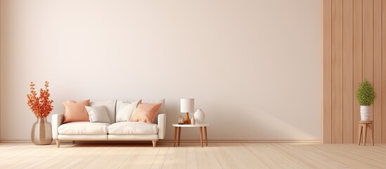 Fototapeta premium Minimalistic Scandinavian interior with a beautiful bright room featuring cozy wooden elements in warm beige tones