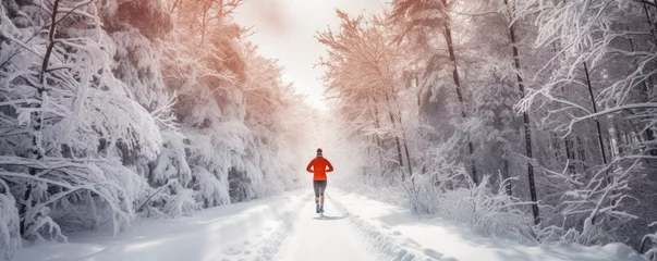 Zelfklevend Fotobehang Runner jogging on a scenic snow-covered trail © thejokercze