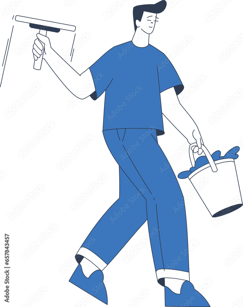 Poster window cleaning service with professional man worker character with squeegee and bucket vector illus