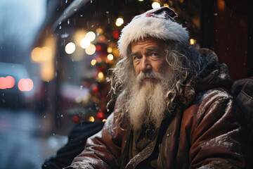 Obraz premium A man with a long beard wearing a Santa hat, spreading Christmas cheer