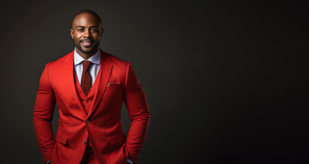 Black Executive in Red Suit: Perfect for Leadership & Corporate Strength Campaigns - obrazy, fototapety, plakaty