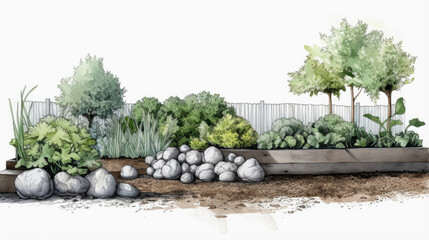 Illustration of flower beds with stones and plants in the garden on a white background