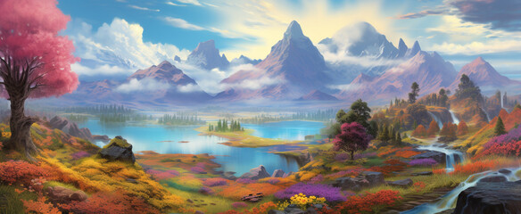 Fototapeta na wymiar A Journey Through Nature: A Vibrant Colorful Panoramic Painting of a Majestic Mountainous Landscape with a River (Wallpaper)