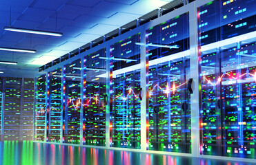 Modern server room, corridor in data centre with Supercomputer racks, neon lights and conditioners. 3D rendering illustration	