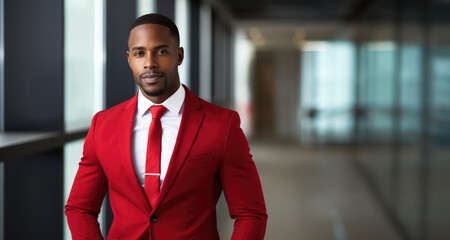 Black Executive in Red Suit: Perfect for Leadership & Corporate Strength Campaigns - obrazy, fototapety, plakaty