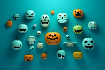 Halloween icons on blue backdrop. Modern and stylish 3d art. Generative AI