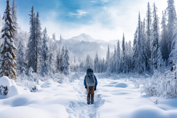 Fototapeta na wymiar Hiker trekking through a snowy, serene winter landscape,