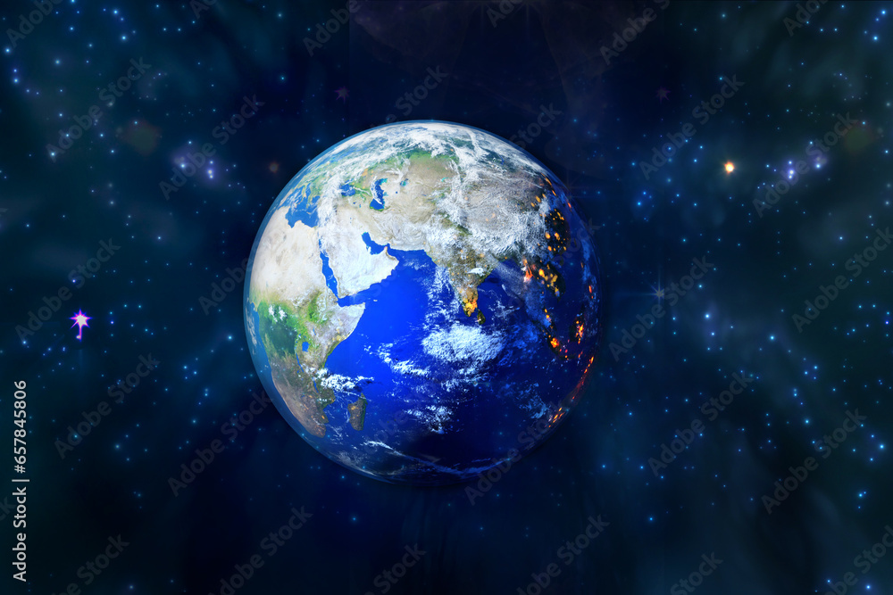 Wall mural planet earth 3d rendering illustration. planet lit up with sun light in beautiful space with stars a