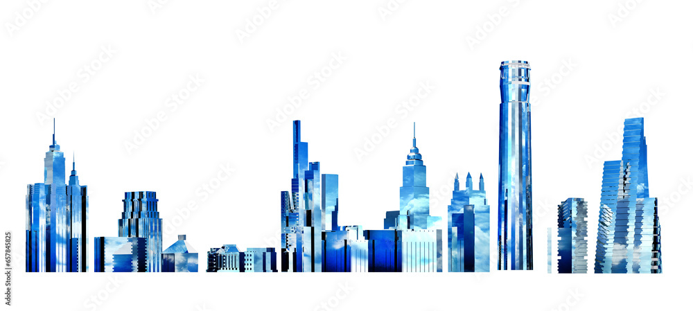 Poster Beautiful city with glossy skyscrapers and office buildings and blue sky reflection. 3D rendering illustration