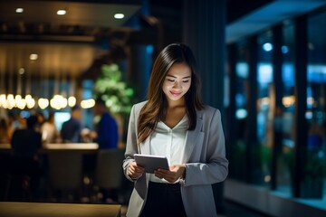 A business woman uses a tablet while walking in a working office at night.