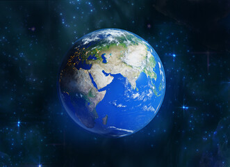 Planet Earth 3D rendering illustration. Planet lit up with sun light in beautiful space with stars and gases 