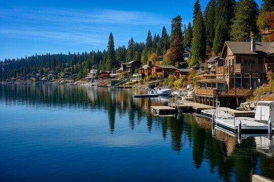 Homes with docks and boat slips on waterfront in Coeur d'Alene, Idaho, USA. Generative AI