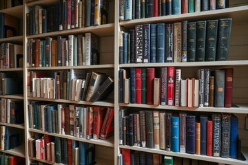 old books on wooden shelf in dimly lit library, vintage atmosphere, knowledge and learning concept
