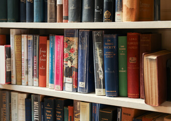 old books on wooden shelf in dimly lit library, vintage atmosphere, knowledge and learning concept