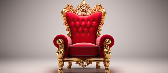Golden royal armchair Red throne alone on white Red rug - obrazy, fototapety, plakaty