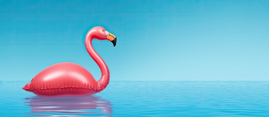 Fototapeta premium Minimalistic summer concept with a blue background featuring an inflatable flamingo pool toy