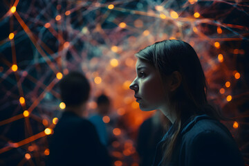 The girl's face is surrounded by abstract connections of luminous threads and dots, the personification of the complex relationships of relationships in the team at work, study, friends. Generative AI - obrazy, fototapety, plakaty