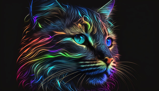 Colorful animal cat head neon style illustration picture AI Generated image