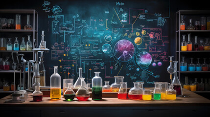 Chemistry lab set - up with glass beakers, microscopes, and colorful chemicals, against a chalkboard with chemical formulas written on it, laboratory setting, tungsten lighting