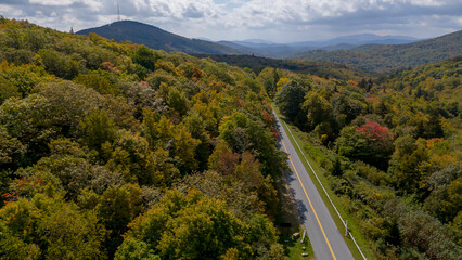 Fototapeta na wymiar Aerial View Of Changing Fall Leaves In The Blue Ridge Mountains Near Blowing Rock, North Carolina