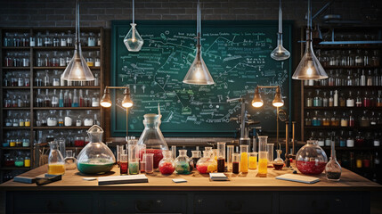 Chemistry lab set - up with glass beakers, microscopes, and colorful chemicals, against a chalkboard with chemical formulas written on it, laboratory setting, tungsten lighting