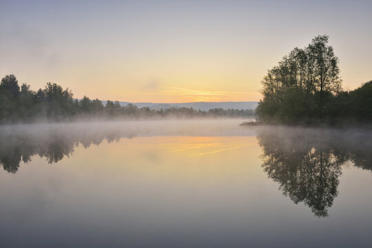 Lake at Dwan with Morning Mist, Spring, Mondfeld, Mainfranken, Franconia, Baden Wurttemberg, Germany