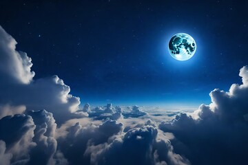 A photorealistic 3D rendering of a beautiful magic blue night sky with clouds, full moon, and stars. 