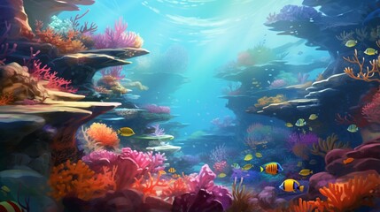 A breathtaking coral reef teeming with vibrant marine life, bathed in the gentle rays of the sun filtering through the water's surface