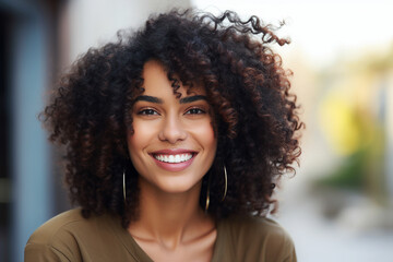 Generative AI picture of beautiful young woman afro volume hair style in the street sunny day - obrazy, fototapety, plakaty