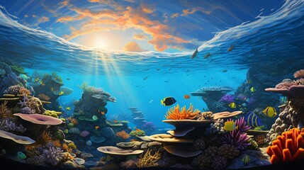 A breathtaking coral reef teeming with vibrant marine life, bathed in the gentle rays of the sun filtering through the water's surface