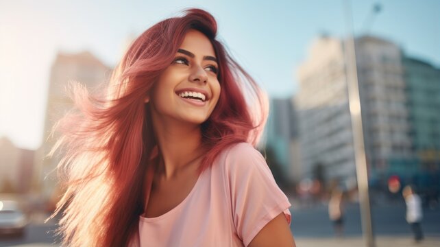 Smiling Teen Indian Woman with Pink Straight Hair Photo. Portrait of Casual Person in City Street. Photorealistic Ai Generated Horizontal Illustration..