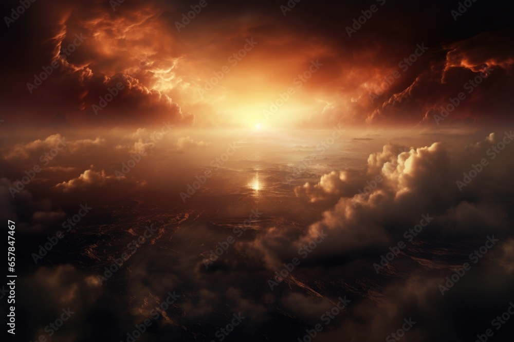 Poster a beautiful image capturing a sunset over the ocean. perfect for use in travel brochures, inspiratio