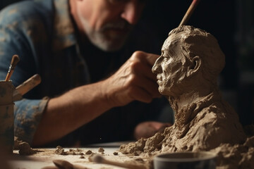 Man sculptor working with clay - obrazy, fototapety, plakaty