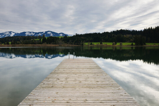 Wooden Jetty in Lake, Illasbergsee, Halblech, Bavaria, Germany