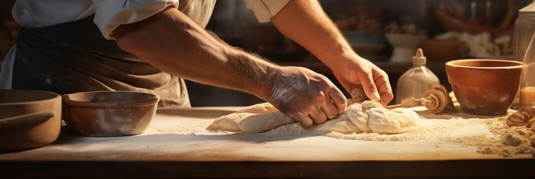 a baker’s hands kneading dough on a flour - dusted surface, wearing an apron, background of assorted baking tools, golden hour lighting