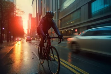 Foto auf Glas a man riding a bicycle through the streets of new york. © Simonforstock