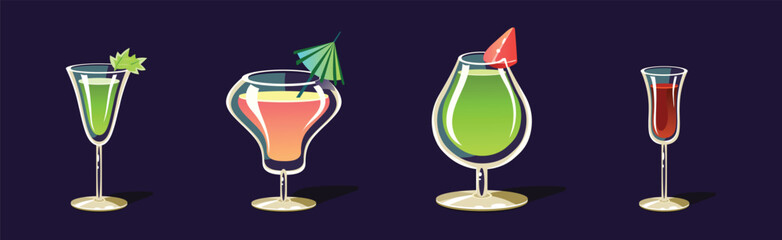 Cocktail and Beverage Poured in Glass as Alcohol Drink Vector Set