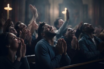 A group of people sitting in a church with their hands raised in the air. This image can be used to portray a spiritual or religious gathering. - obrazy, fototapety, plakaty